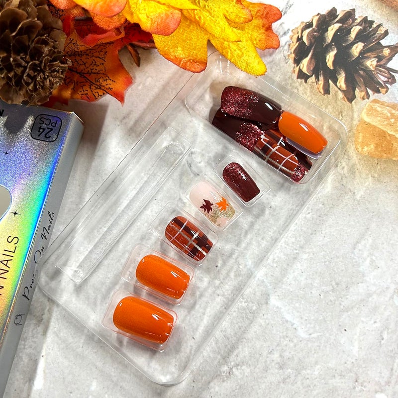 CJDLTS Fall Maple Leaf False Nail Medium Ballet Shaped Thanksgiving Press on Nails Gold Lines Glitter Sequins Design Autumn Stick on Nail Full Cover Artificial Fingernails Festival Glue on Nails for Women - Image 4